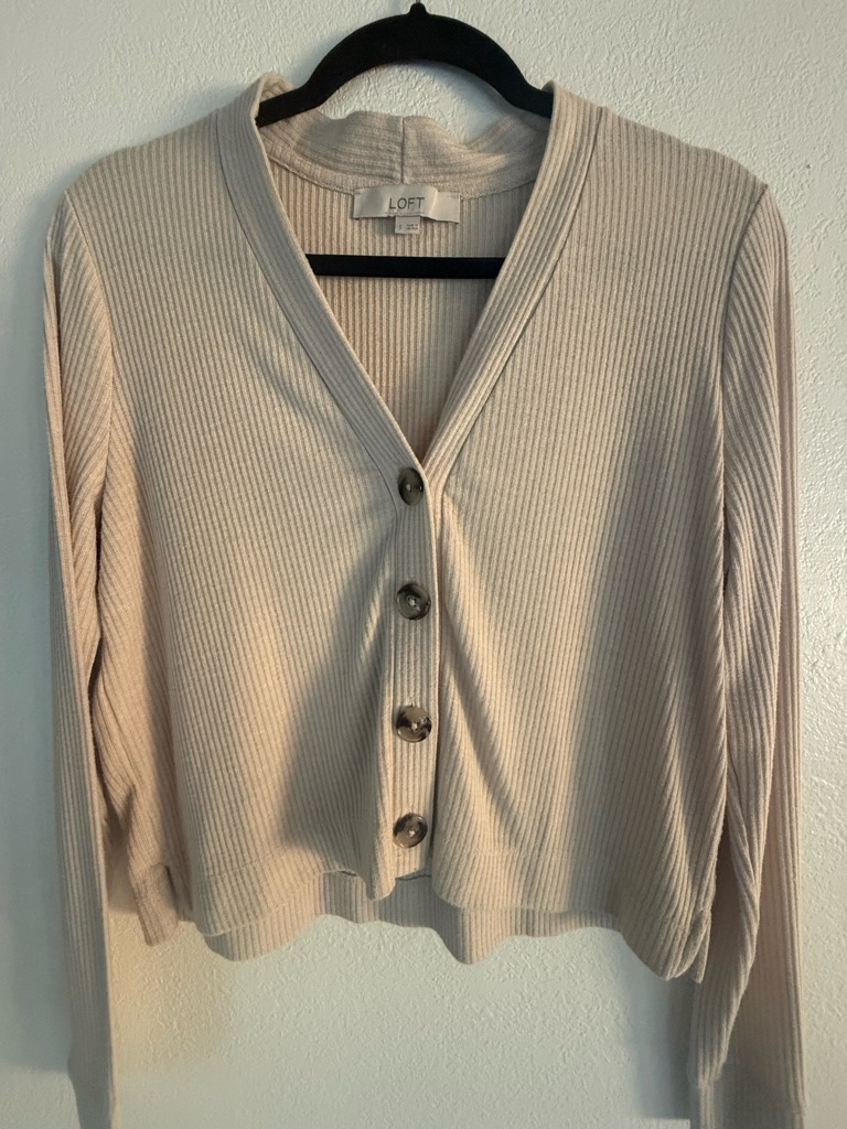 Loft Beige Ribbed V-Neck Button Cardigan
